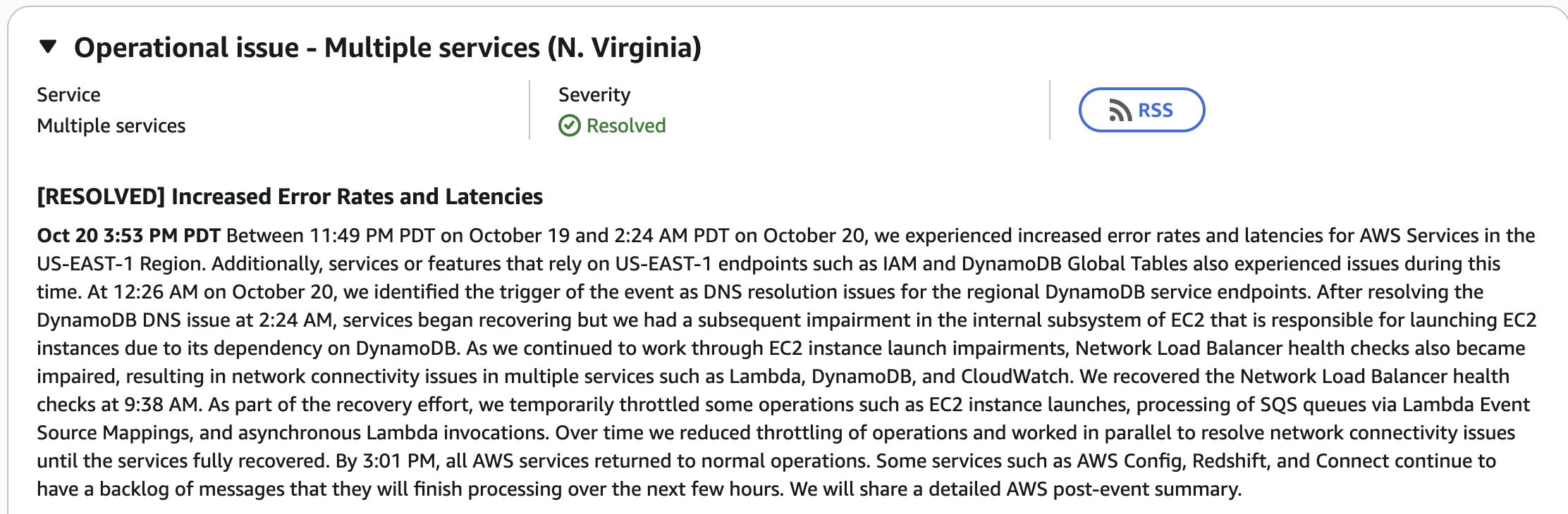 Rapport officiel AWS — post-mortem de l'incident US-EAST-1, cause DNS DynamoDB, chronologie de résolution