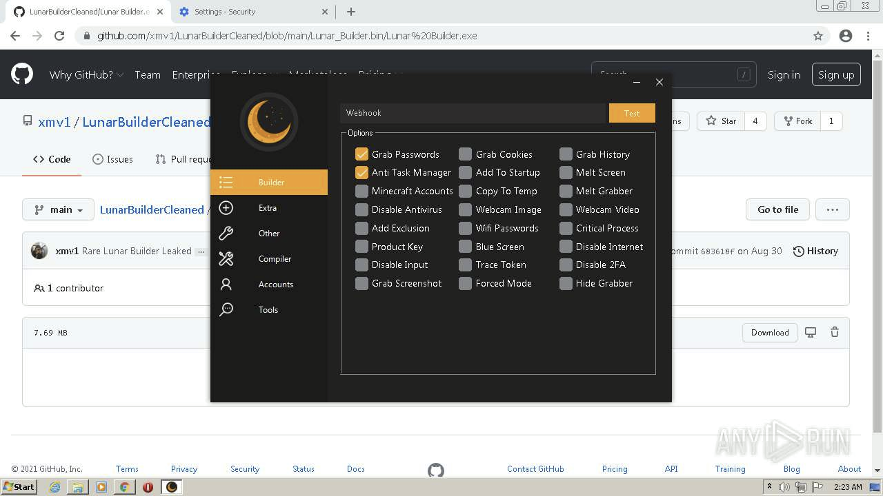 LunarBuilder — builder de stealer sur GitHub