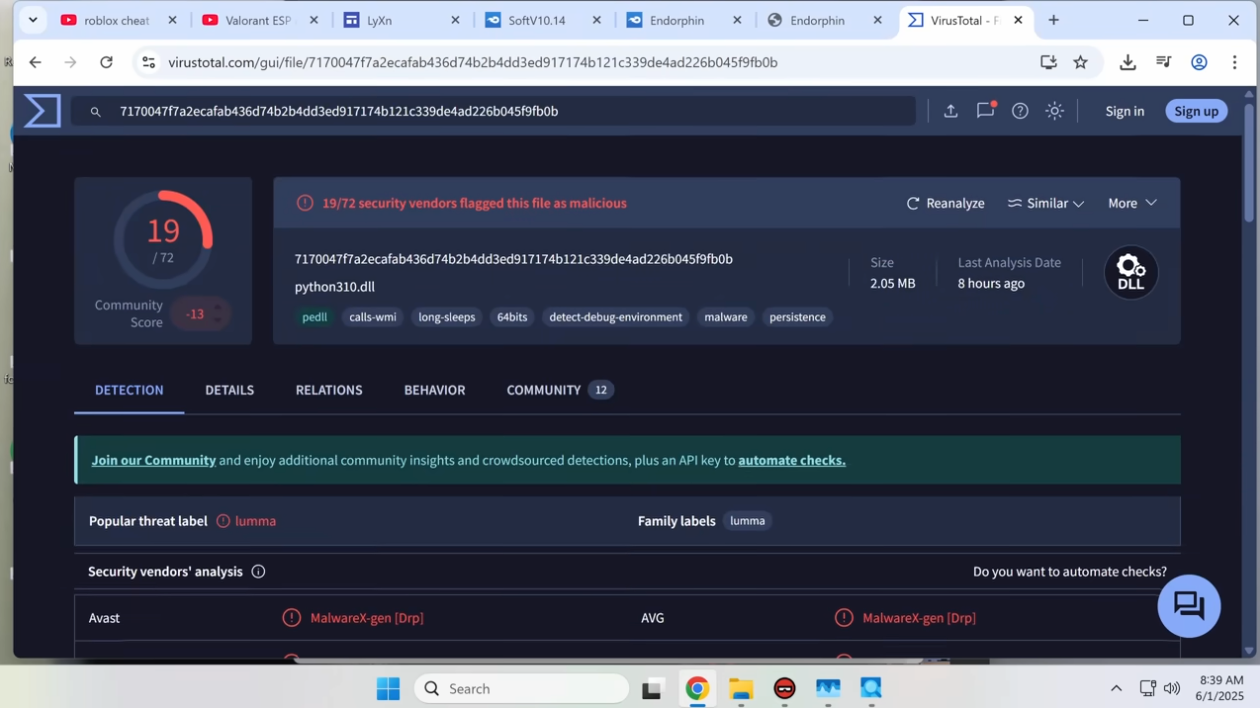 VirusTotal — Lumma Stealer 19/72