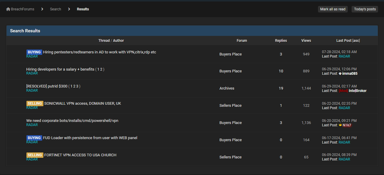 Activité du compte RADAR sur BreachForums — achat d'accès, vente VPN, recrutement
