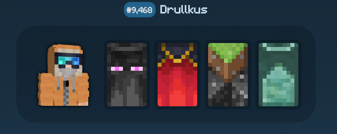 Compte Drullkus #9468 — skin + 4 capes dont MineCon et Prismarine