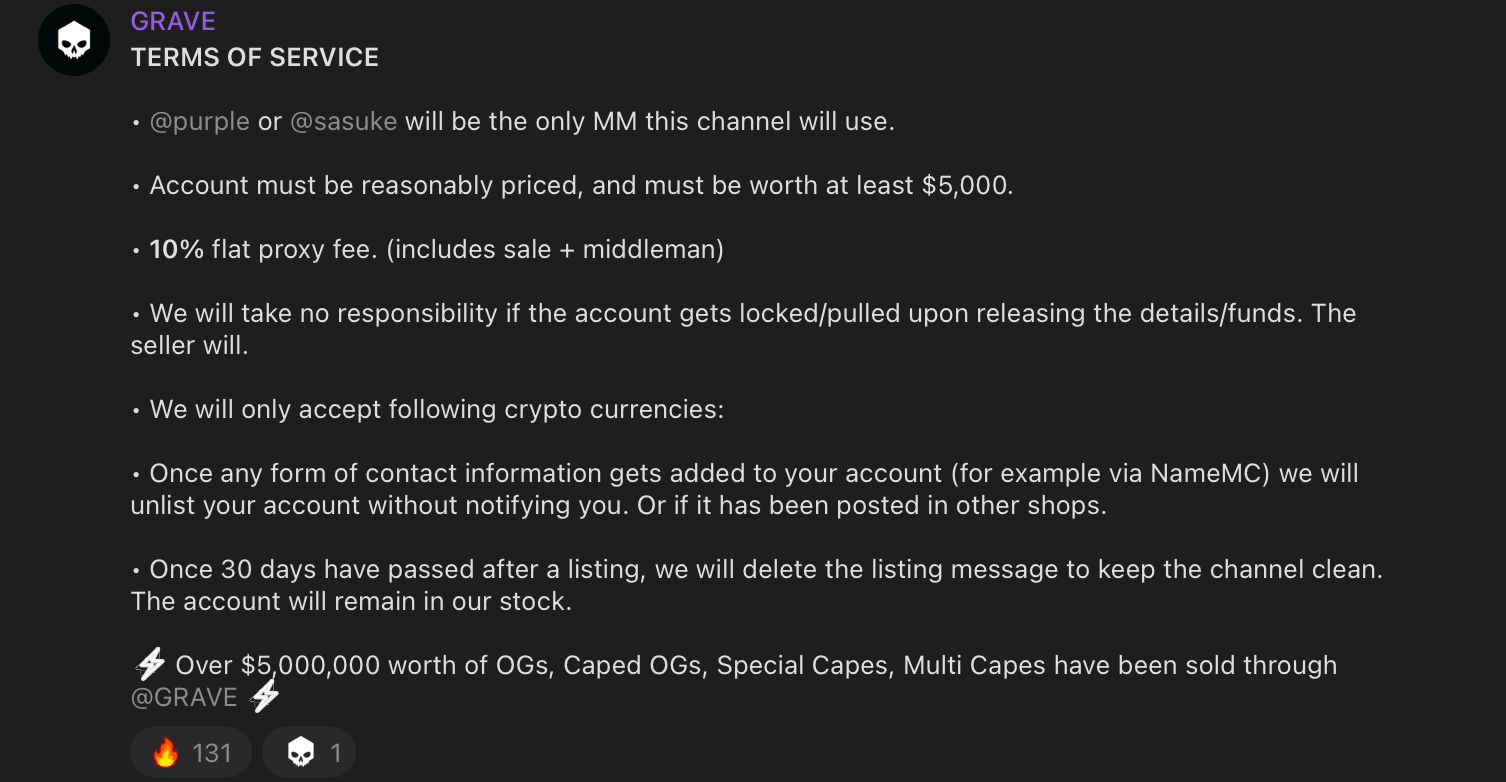 Terms of Service du canal GRAVE — 5M$ de volume traité, frais 10%, crypto uniquement