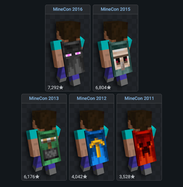 Capes MineCon 2011 à 2016 avec leur rareté en étoiles