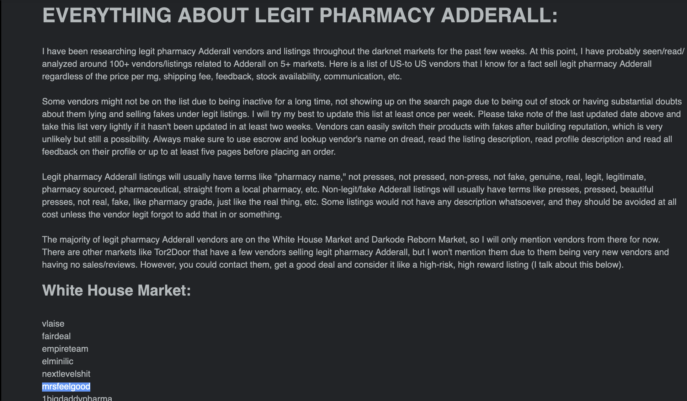 Post Dread — liste de vendeurs légitimes Adderall sur le darknet, MrsFeelGood mentionné